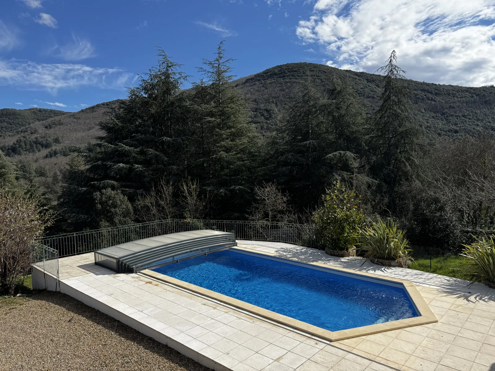 Heated pool overlooking the Haut-Languedoc mountains at Gîte Belle Vue