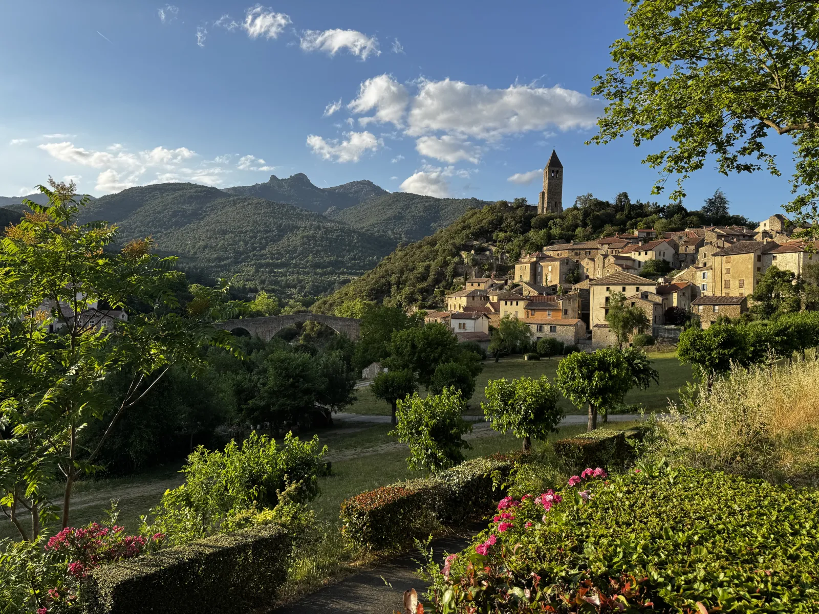 View over the Haut-Languedoc mountains and the village of Olargues